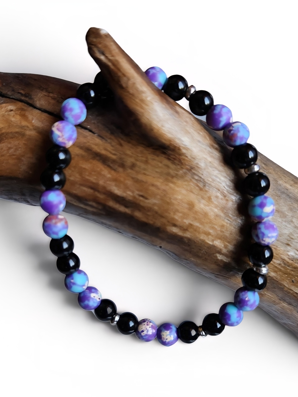 Purple Blue Jasper & Obsidian Beaded Stretch Bracelet